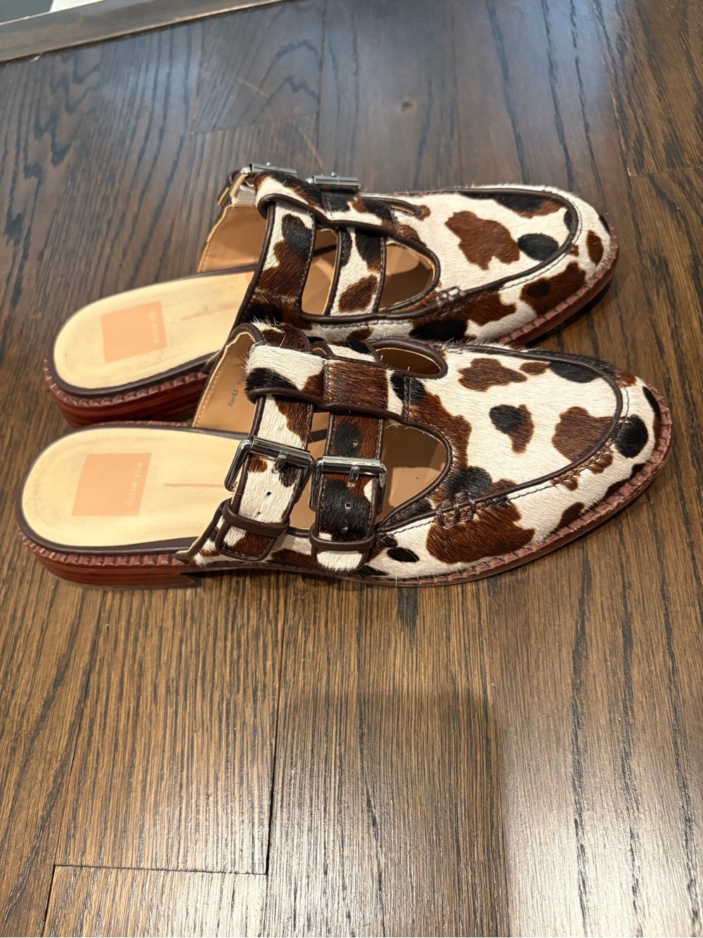 Dolce Vita Brown and White Cowhide Double-Buckle Mules - Picture 1 of 2